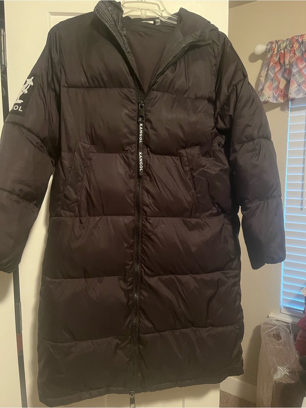 Kangol Women's Long Black Puffer Jacket with Hood